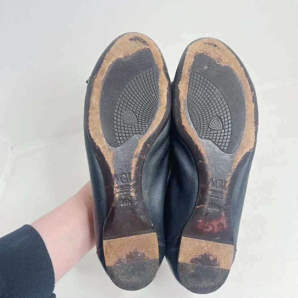AGL Monika Cap Toe Ballet Flat Black Leather Bronze Buckle Women's Size 9.5
